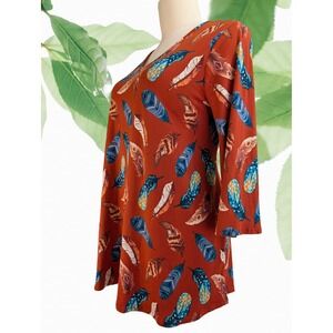 Agnes & Dora Women's Feather Print V Neck 3/4 Sleeve Long Tunic Made in USA XXXL